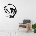 Yin & Flow | Koi Fish Metal Wall Art displayed in a bright contemporary living room, featuring two graceful koi fish swimming in a circular yin-yang inspired composition.