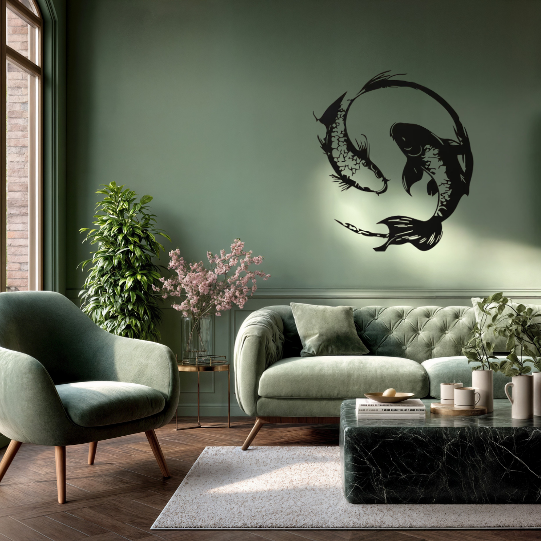 Yin & Flow | Koi Fish Metal Wall Art featured in a stylish modern lounge, highlighting an artistic pair of koi fish in a circular flowing composition.