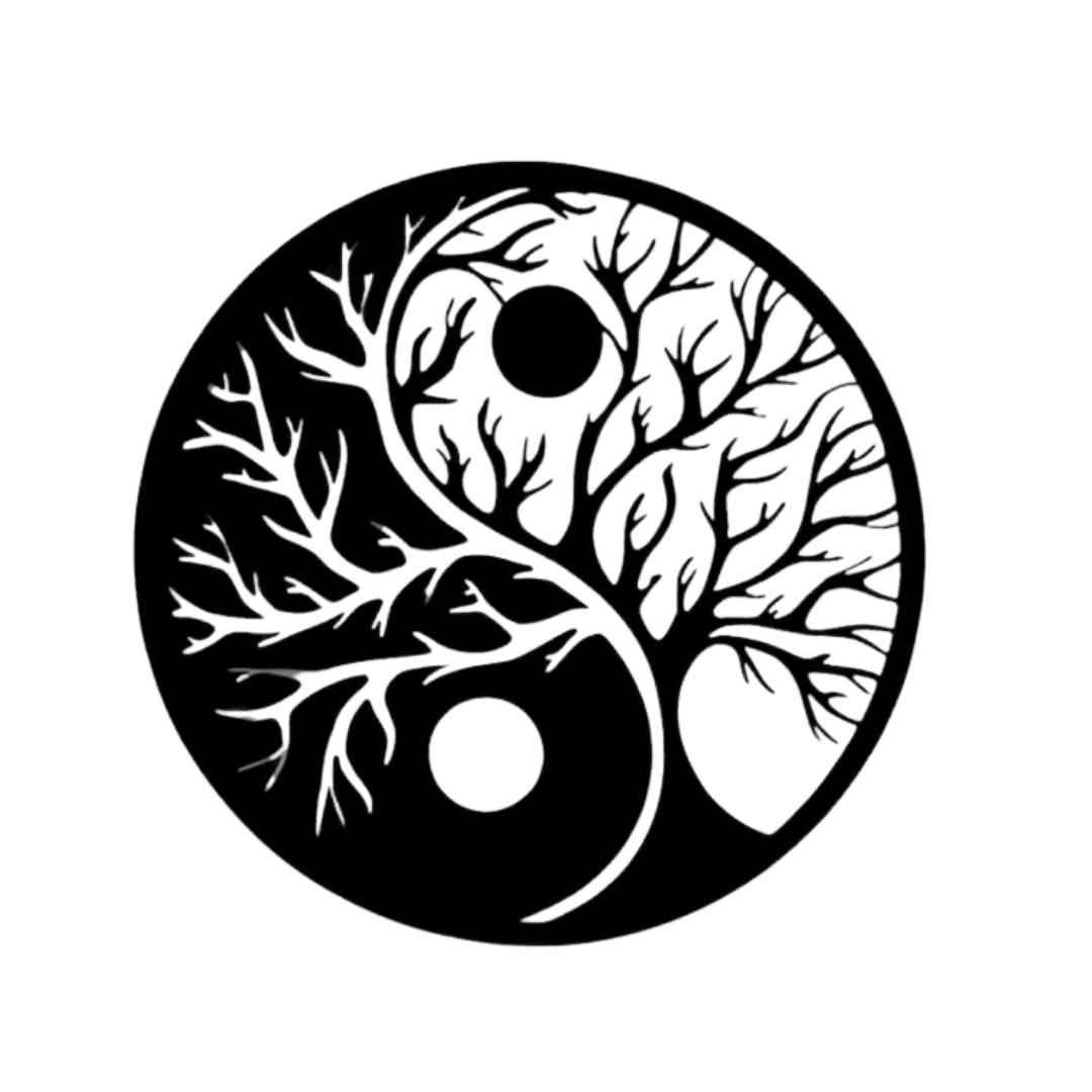 Close-up of the Yin Yang Tree of Life laser-cut metal wall art showcasing intricate branches and a symbolic Yin Yang composition.