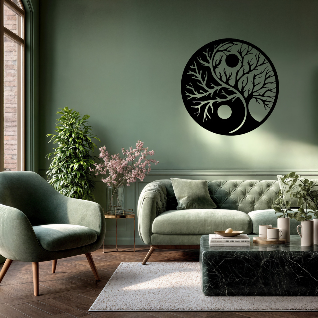 Yin Yang Tree of Life metal wall art mounted above a contemporary sofa, adding a calming and balanced focal point to a modern living room.