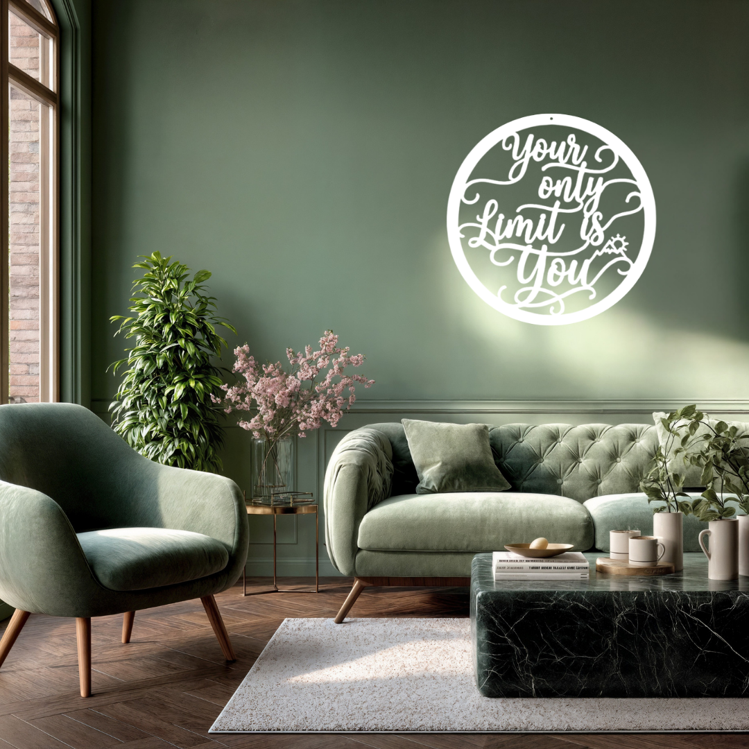 Your Only Limit Is You | Inspirational Metal Wall Art showcased in a contemporary lounge above a green sofa, adding motivational typography and stylish circular metal wall décor to the living space.