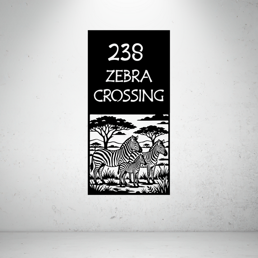 Zebra Crossing personalised safari metal house number sign featuring a zebra family and custom street name.