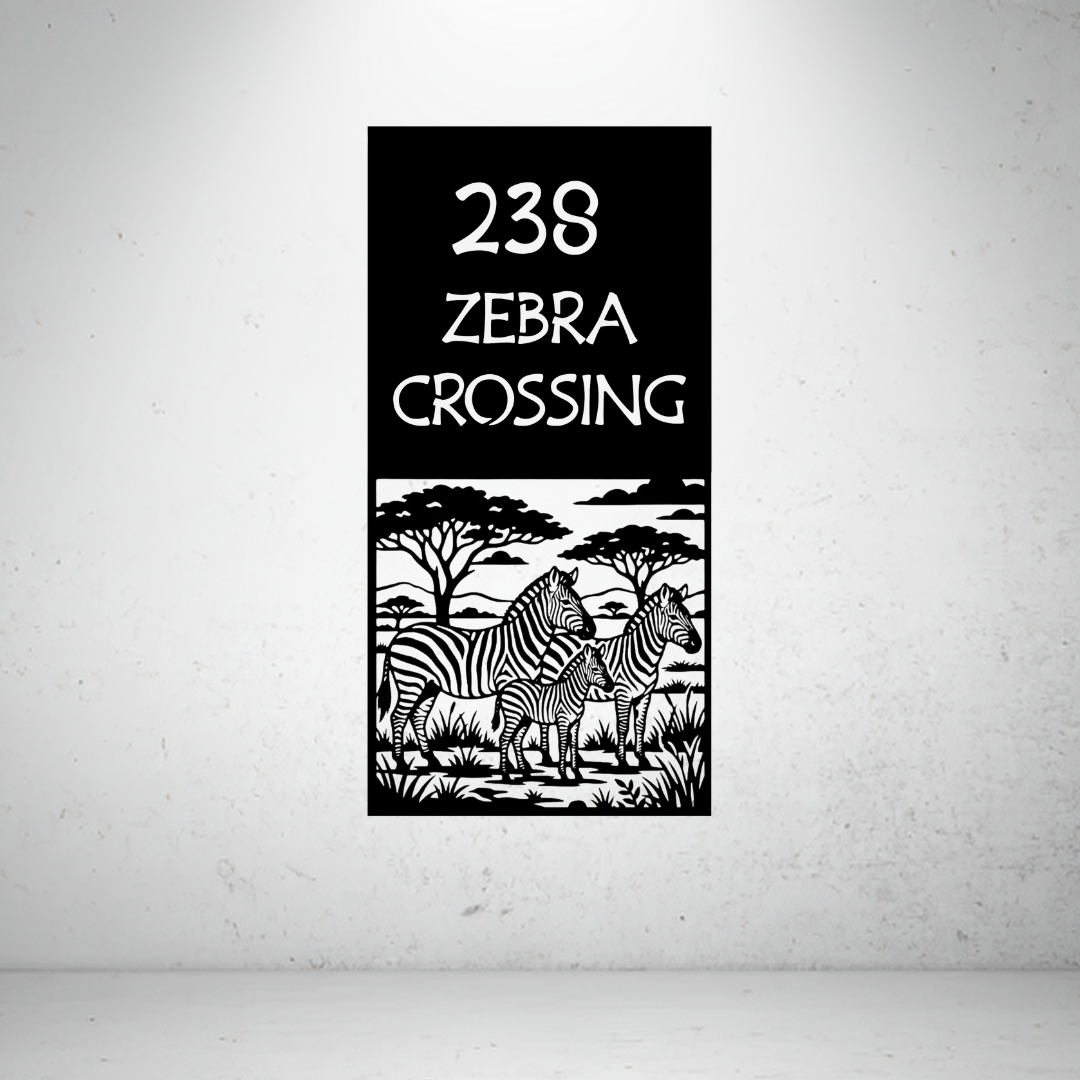 Zebra Crossing personalised safari metal house number sign featuring a zebra family and custom street name.