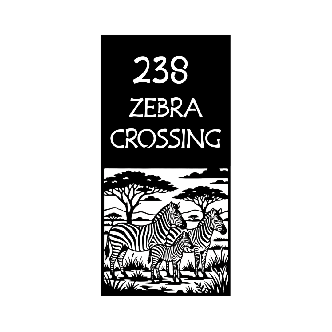 Close-up of the Zebra Crossing custom vertical laser-cut metal address sign with detailed zebra artwork.