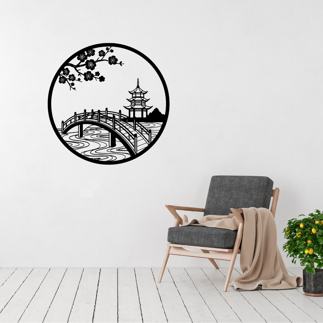 Zen Garden Escape Japanese bridge and pagoda metal wall art displayed above a contemporary chair