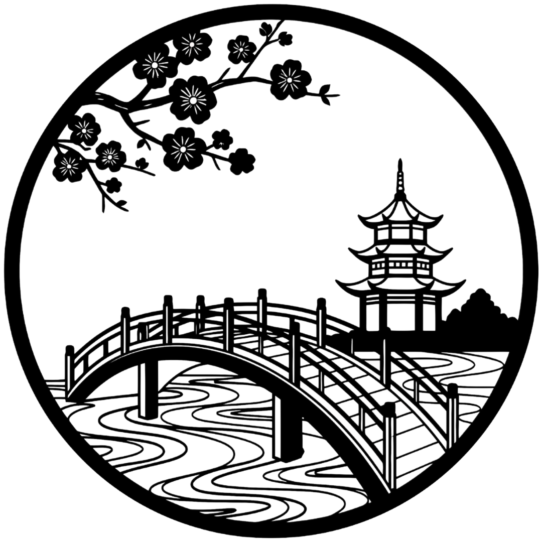 Zen Garden Escape Japanese bridge pagoda and cherry blossom metal wall art on white background