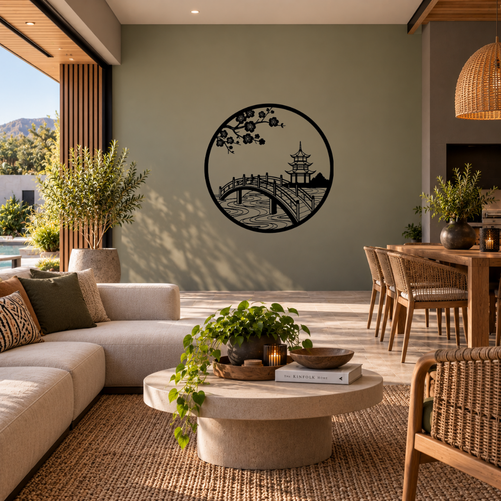 Japanese bridge and pagoda metal wall art displayed in a modern interior