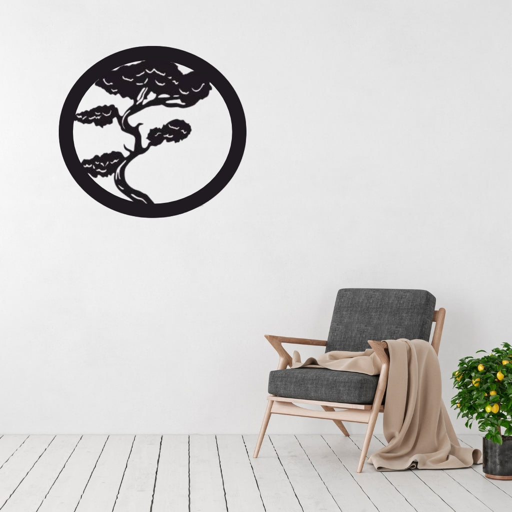 Bonsai metal wall art displayed in a calm modern interior or meditation space