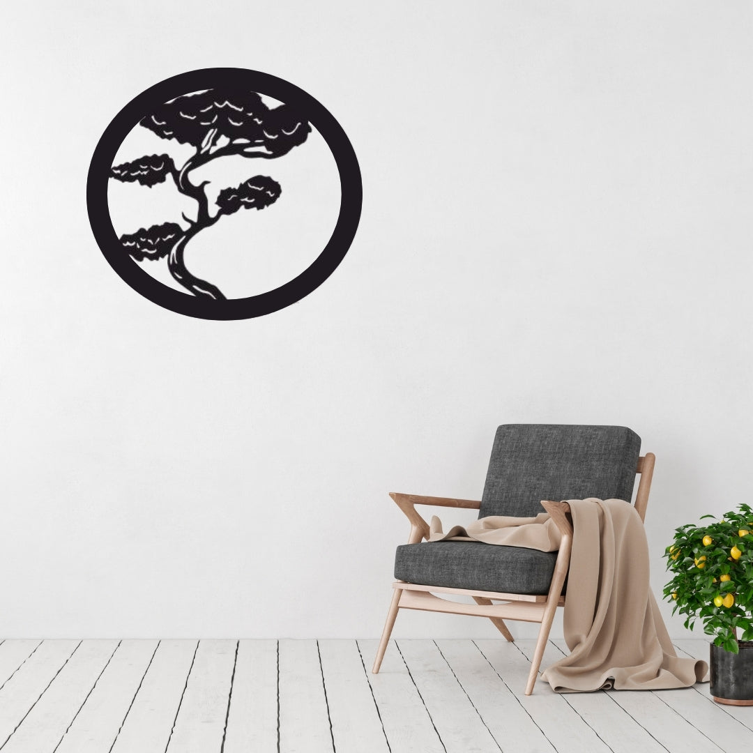 Bonsai metal wall art displayed in a calm modern interior or meditation space